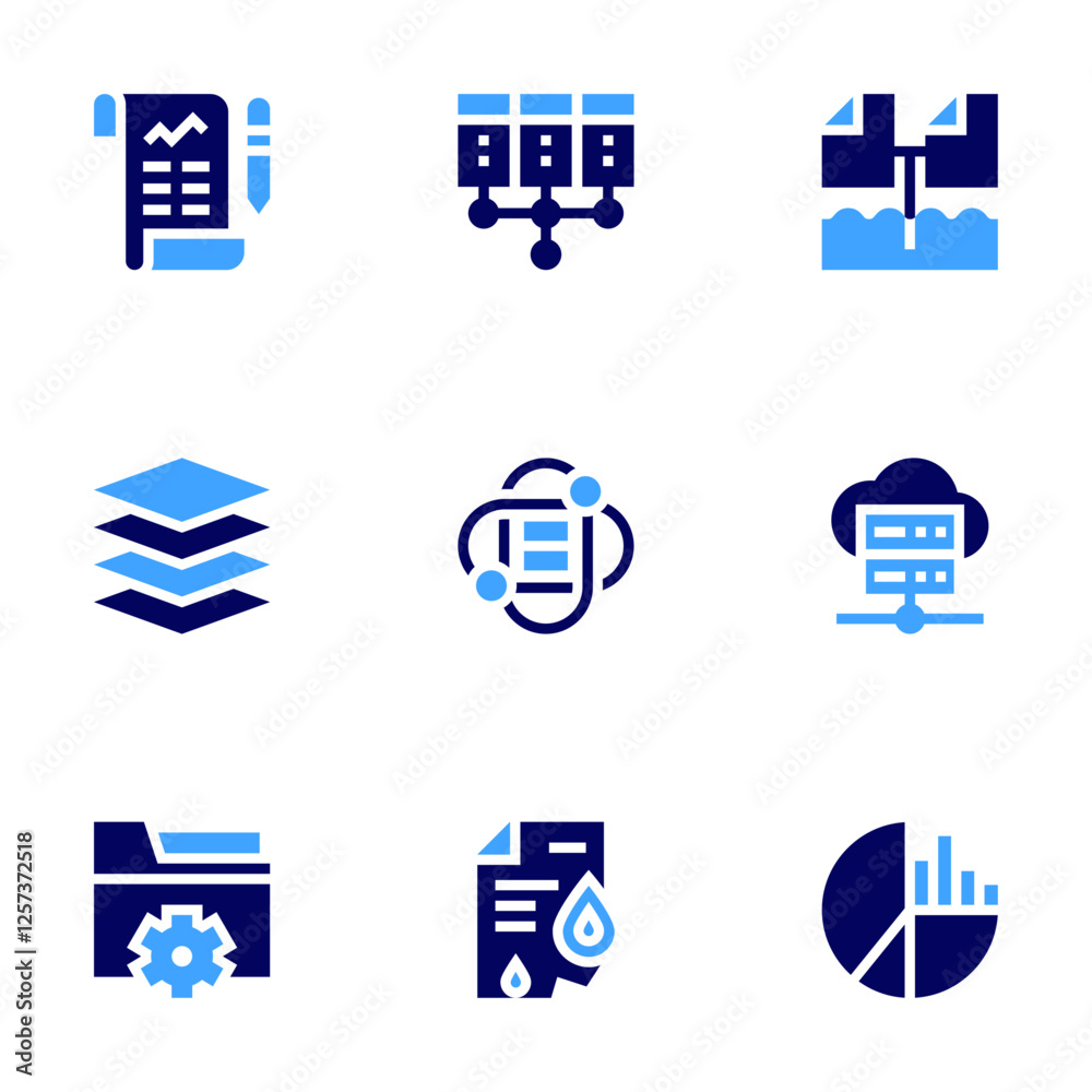 Data icon set. Bold style. Duotone colors. data science, pie chart, layers, data server, data management, data loss, data, data lake