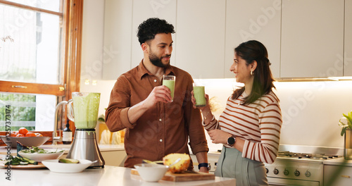 Nutrition, couple and happy with green smoothie in home for digestive health, healthy shake or breakfast drink. People, blender or organic juice for weight loss, body detox or antioxidants in kitchen