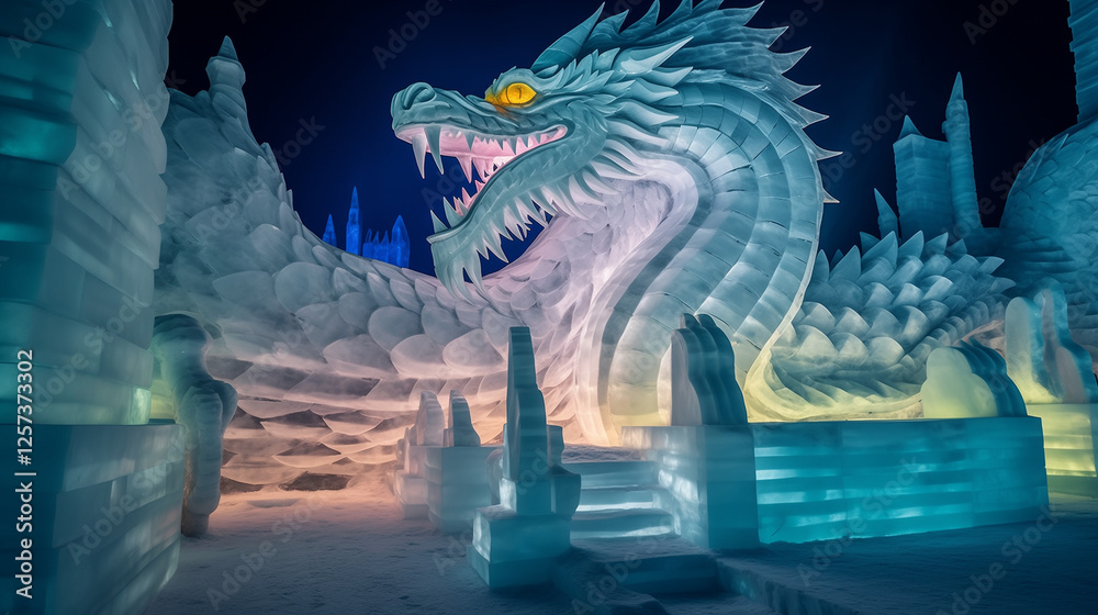 Fototapeta premium Harbin Ice and Snow Festival, a close-up of an enormous dragon sculpture made of ice