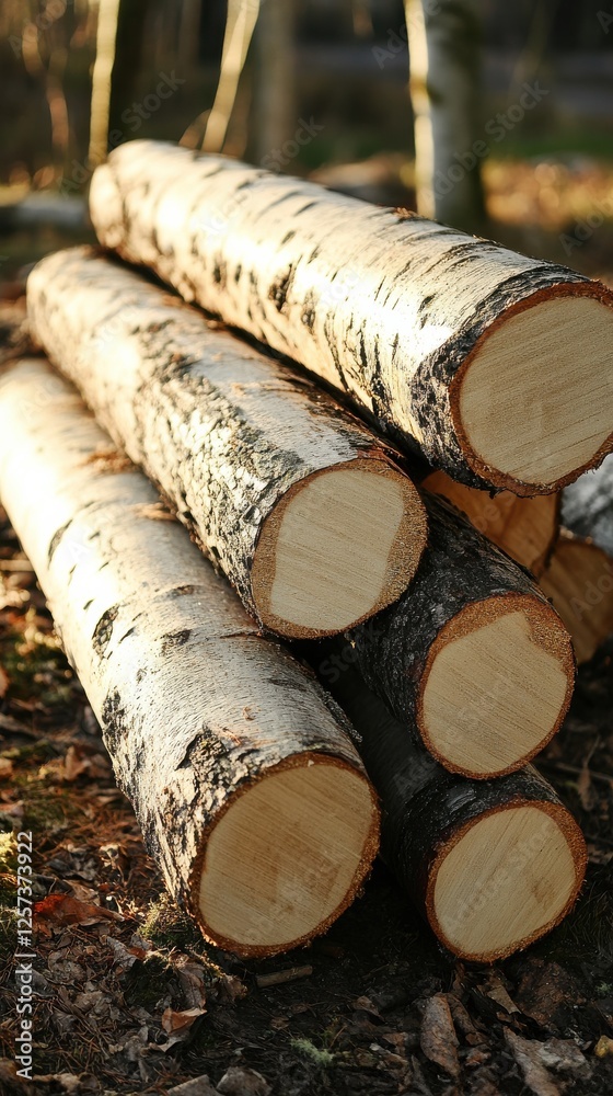 Stack of Freshly Cut Spruce Logs in a Serene Forest Clearing Stack of Freshly Cut Spruce Logs in a Serene Forest Clearing