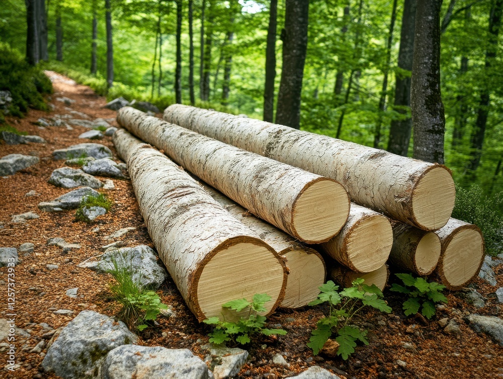 Stack of Freshly Cut Spruce Logs in a Serene Forest Clearing Stack of Freshly Cut Spruce Logs in a Serene Forest Clearing