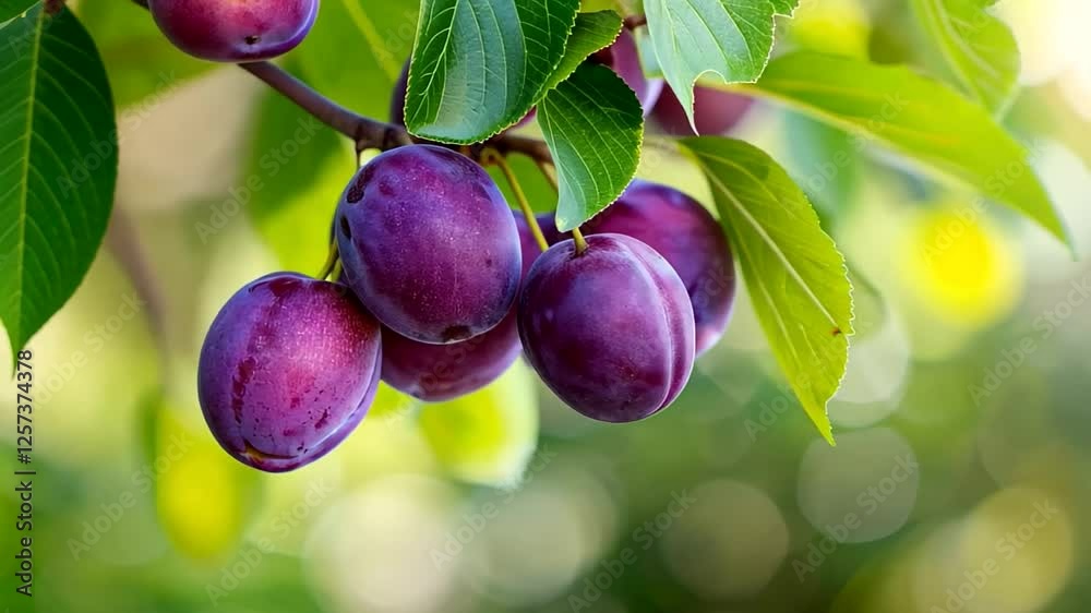 Ripe purple plums hanging on a tree branch, symbolizing harvest season and autumn festivals