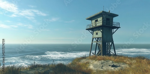 Coastal watchtower overlooking the ocean during a clear day photo