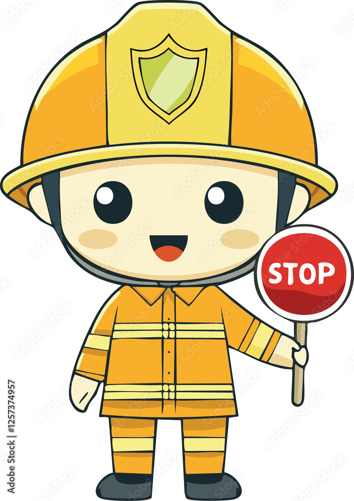 Naklejka premium A cute 2D cartoon style firefighter wearing an orange firefighter uniform