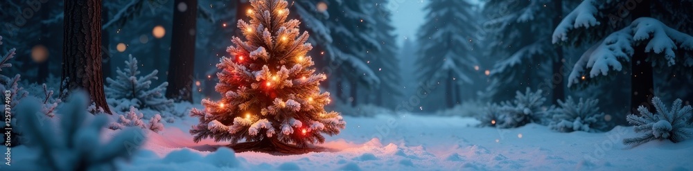 Glowing ribbon encircles frosted Christmas tree; snowfall, dark forest, sparkling light , golden ribbon, beautiful