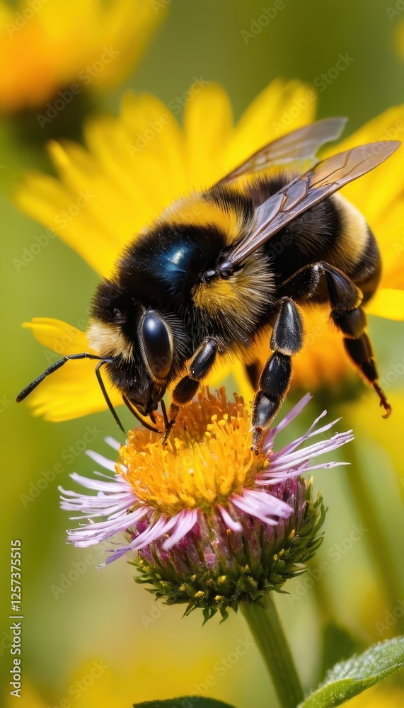 A close-up of a bumblebee collecting nectar from vibrant yellow flowers, showcasing intricate details of its fuzzy body, delicate wings, and large compound eyes. A close-up of a bumblebee collecting nectar from vibrant yellow flowers, showcasing intricate details of its fuzzy body, delicate wings, and large compound eyes.