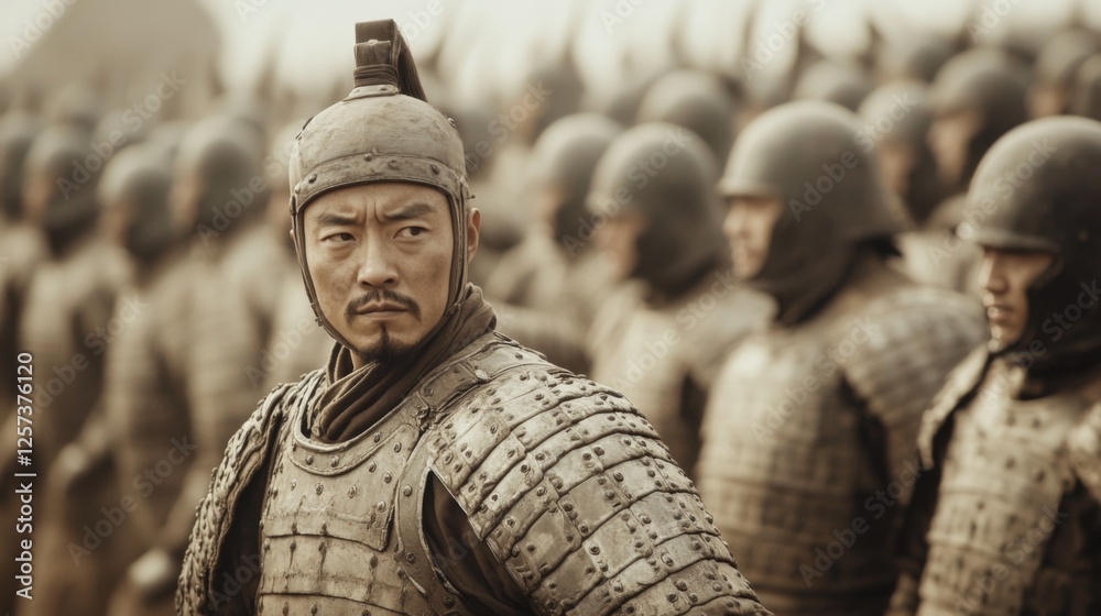 Ancient Chinese general surveys army, battlefield background, historical drama