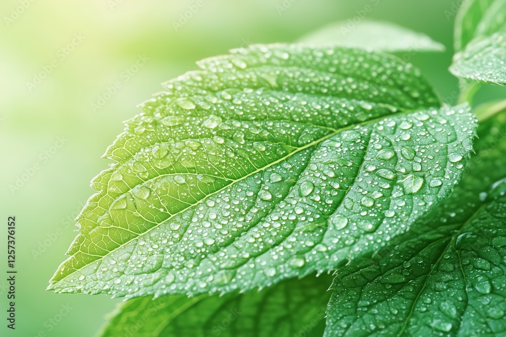 Close-up of green leaves covered in water droplets, showcasing nature's beauty. Close-up of green leaves covered in water droplets, showcasing nature's beauty.
