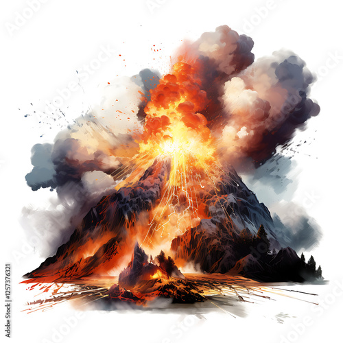 A Watercolor Painting of a Volcanic Mountain Spewing Lava and Smoke on white & transparent a background.