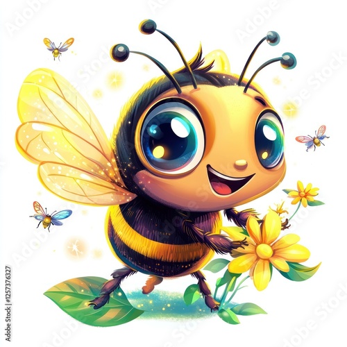 Cute cartoon bee with flowers, isolated background, for children's media photo