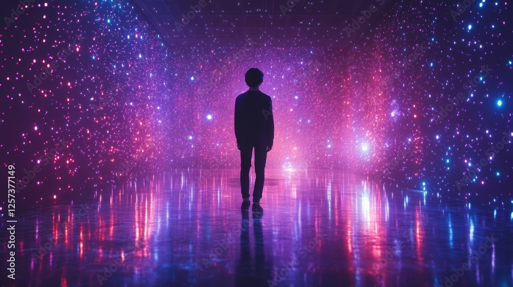 Silhouette of young male in starry multicolored light tunnel Silhouette of young male in starry multicolored light tunnel