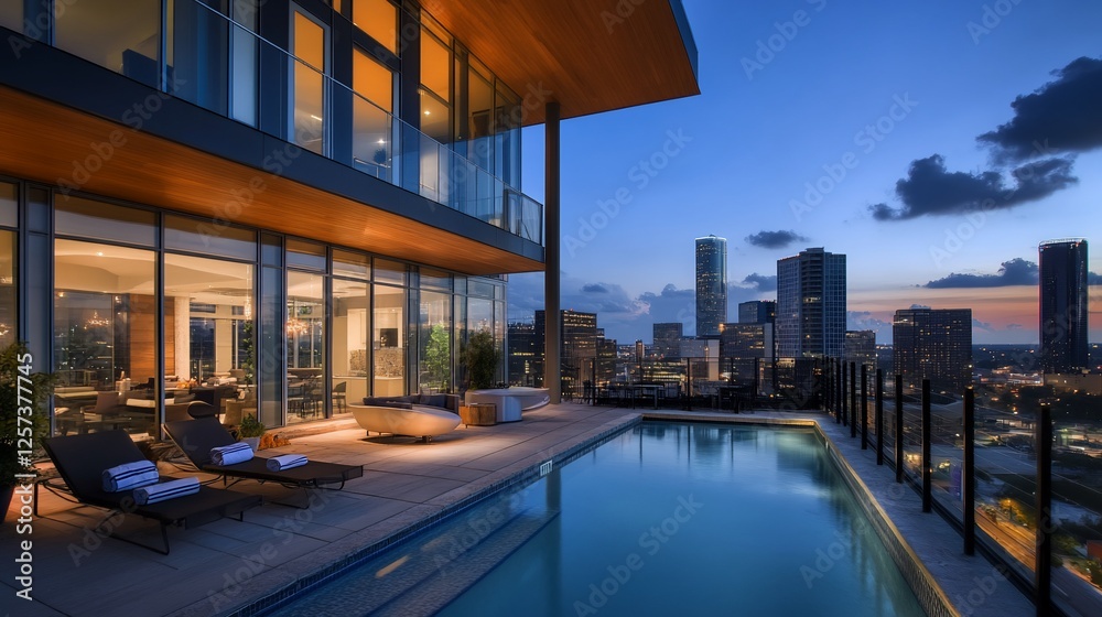 Fototapeta premium Rooftop Pool, Cityscape View, Twilight Luxury Condo