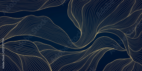 Vector gold abstract wave background, luxury curve graphic card, line premium shape banner, geometric flow cover. Japanese illustration.