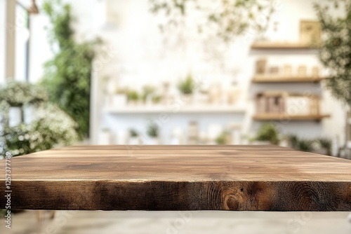 Wooden table, cafe backdrop, plants, shelves, product display photo