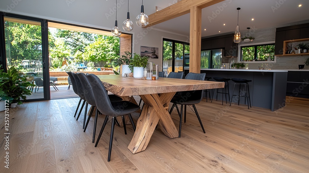 Fototapeta premium Modern dining room, open-plan kitchen, backyard view, natural light