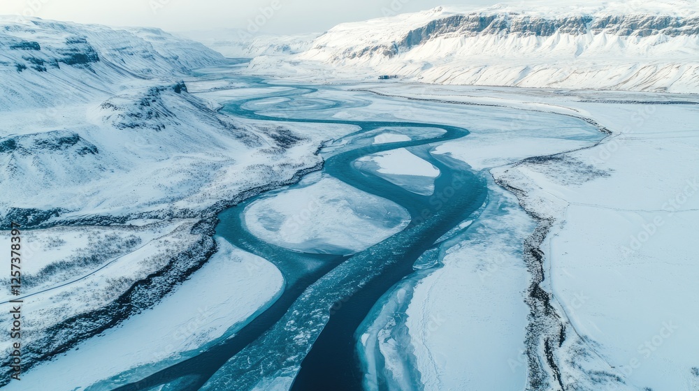 Obraz premium A breathtaking aerial view of a frozen river meandering through a snow-covered valley
