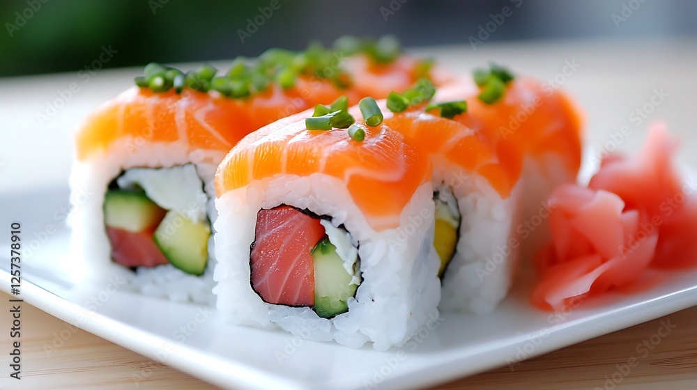 Fresh Salmon Sushi Rolls On White Plate Fresh Salmon Sushi Rolls On White Plate