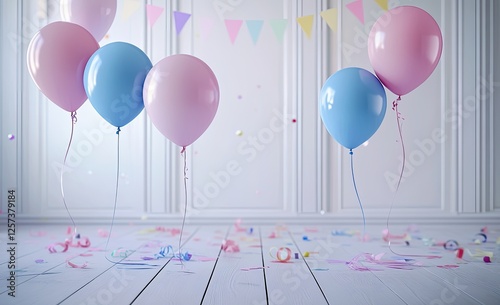 Pastel balloons float in white room, confetti strewn floor, party backdrop