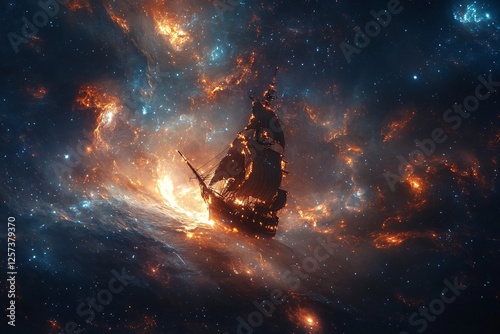 Burning Galleon Sails Through Cosmic Nebula photo