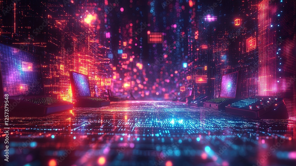 A vibrant abstract background with gaming consoles, glowing pixels, and dynamic light waves A vibrant abstract background with gaming consoles, glowing pixels, and dynamic light waves