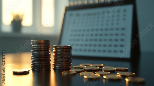 Gold Coins on Financial Document, 2025 Augmentation and Tax calendar on table stack coins