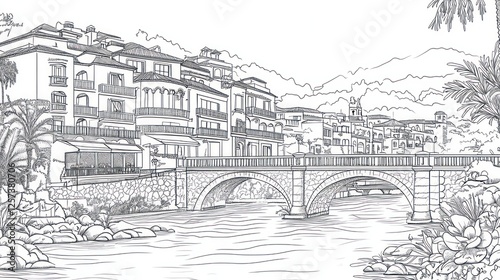 Mediterranean village, stone bridge, river, mountains, tourism brochure
