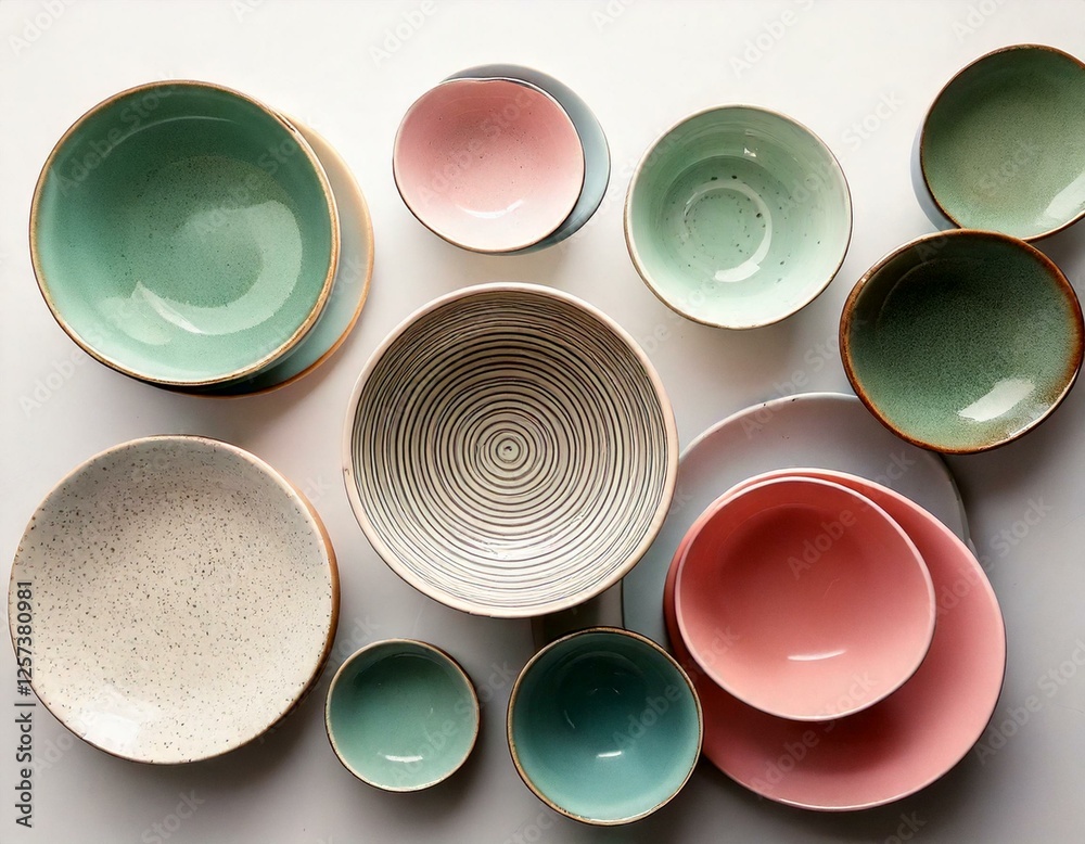 Top view of beautiful craft ceramic bowls and plates with soft pastel glazes against a plain white background Top view of beautiful craft ceramic bowls and plates with soft pastel glazes against a plain white background