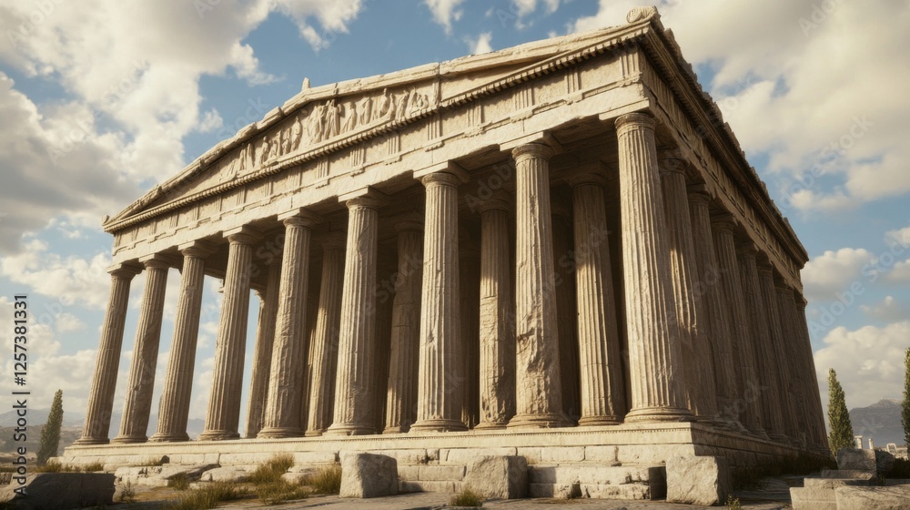 Ancient Greek temple under sunny sky, historical site background, travel tourism
