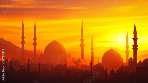 Wallpaper Mural Silhouette of Historic Mosques Against a Vibrant Sunset with mountain in the Background Torontodigital.ca