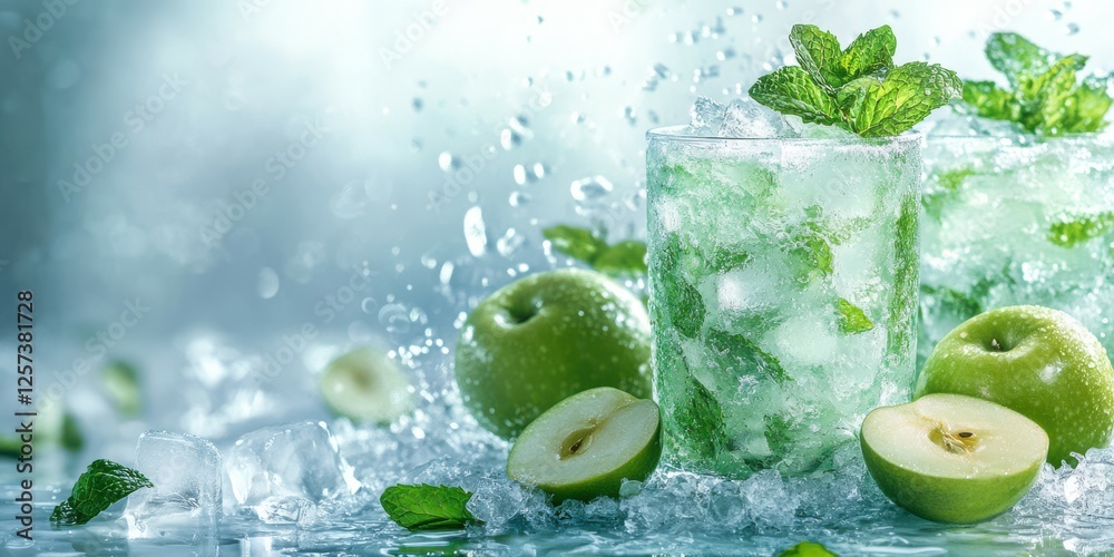 Refreshing green apple mojito cocktails with mint on ice in a cool setting suitable for summer enjoyment Refreshing green apple mojito cocktails with mint on ice in a cool setting suitable for summer enjoyment