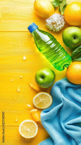 Healthy Lifestyle Fruits, water, towel on yellow wood photo