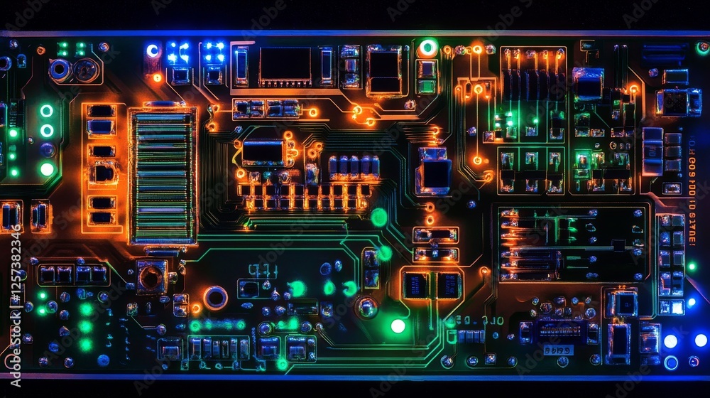 Fototapeta premium A digital circuit board in close-up, glowing with neon blue and green lines, showing the connection of components. 