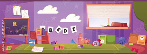 Kindergarten classroom interior with scattered toys, drawings, books and overturned boxes.