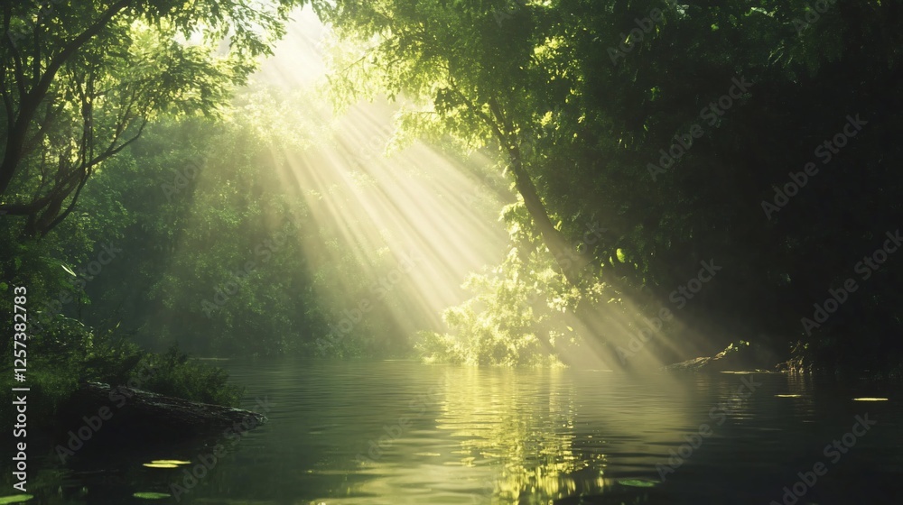 Obraz premium Sunbeams illuminate misty forest river