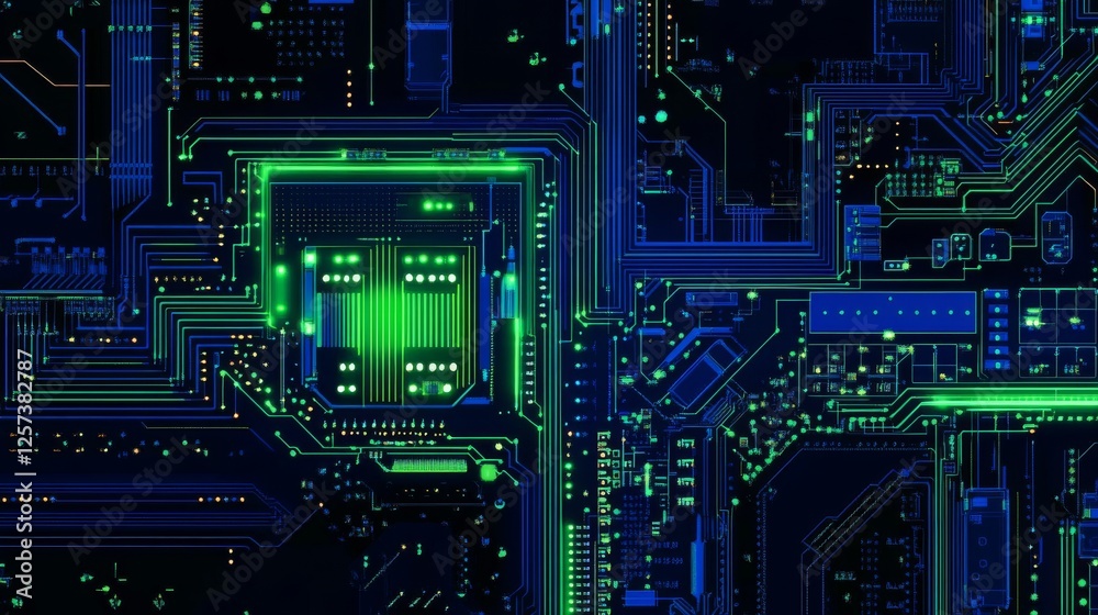 A digital circuit board in close-up, glowing with neon blue and green lines, showing the connection of components. A digital circuit board in close-up, glowing with neon blue and green lines, showing the connection of components.