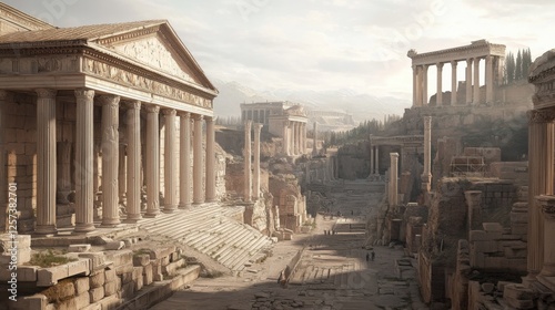 Fototapeta Naklejka Na Ścianę i Meble -  Ancient Roman city ruins, sunlit street, hills background; historical illustration