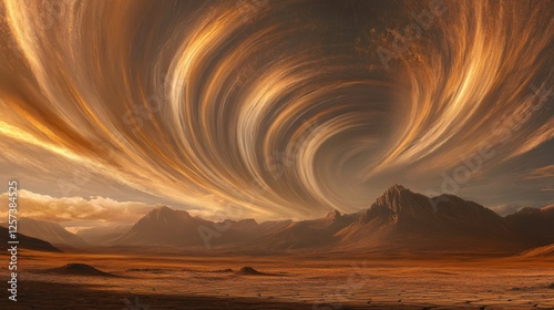 Majestic Swirling Clouds Over Serene Mountain Landscape at Sunset