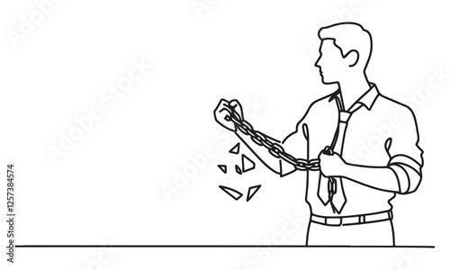 continuous one single line art doodle drawing of businessman with broken chains illustration on white background