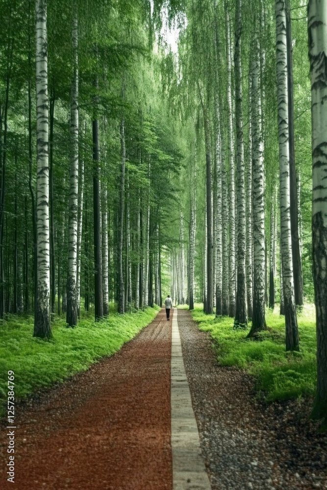 Fototapeta premium A quiet forest path with a person strolling peacefully.