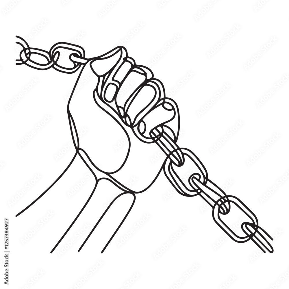 continuous one single line art doodle drawing of businessman with broken chains illustration on white background