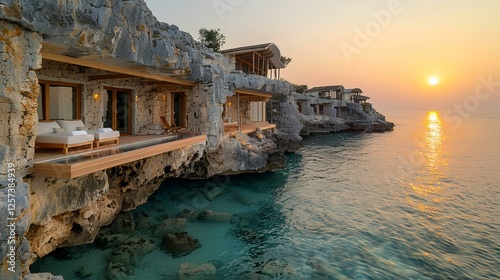 Cliffside cave hotel at sunrise over turquoise water.  Possible use Travel brochure, luxury hotel advertisement