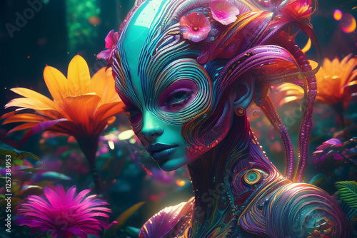 Portrait of an alien woman from unknown planet with traditional makeup and a background of multicolored flowers
