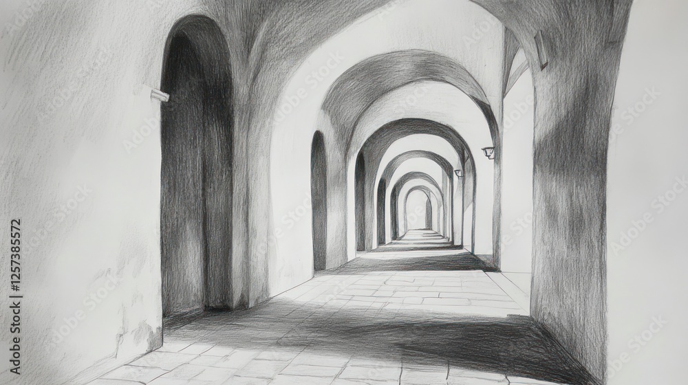 Sunlit arched hallway, perspective drawing, architectural detail, light and shadow Sunlit arched hallway, perspective drawing, architectural detail, light and shadow