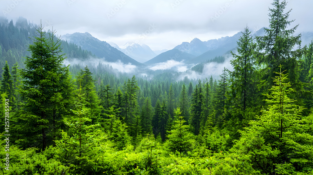 Fototapeta premium Misty mountain valley, evergreen forest, scenic view, nature wallpaper