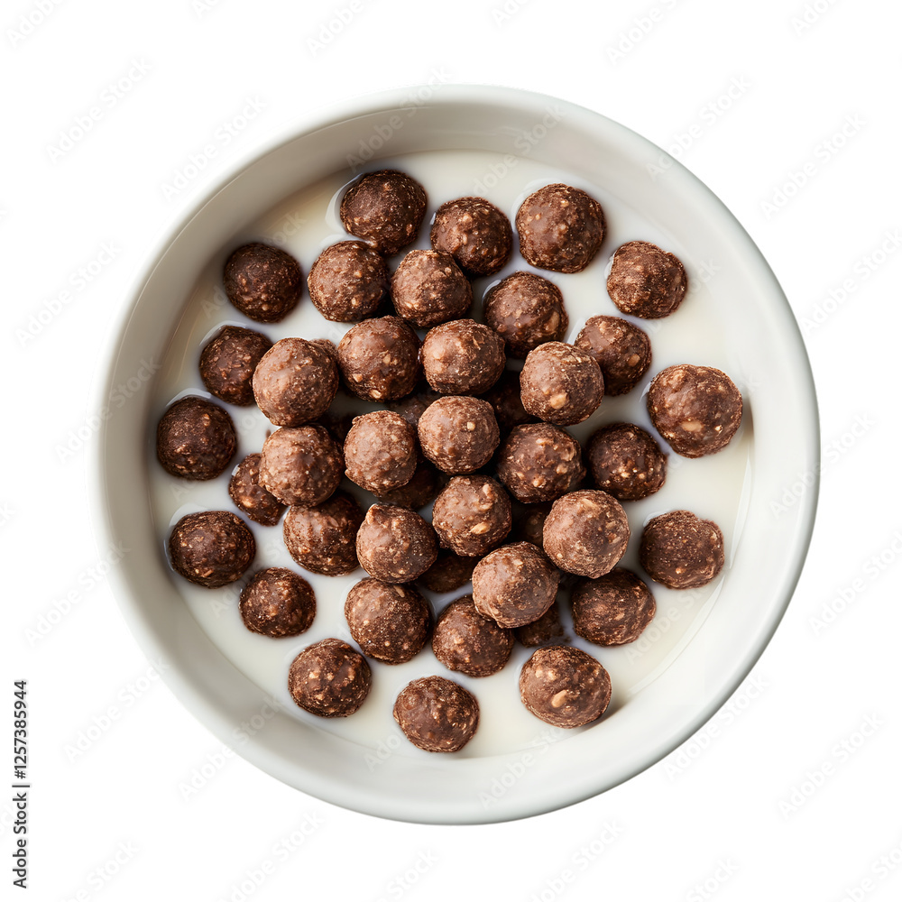 A Bowl of Rounded Chocolate Cereal Balls with Milk, Isolated on White Background A Bowl of Rounded Chocolate Cereal Balls with Milk, Isolated on White Background