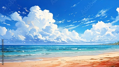 Wallpaper Mural 広々とした真夏の大空 砂浜と海 アニメタッチ 水彩手描き風 背景素材 チラシ・バナー・動画素材 AI生成素材 Torontodigital.ca