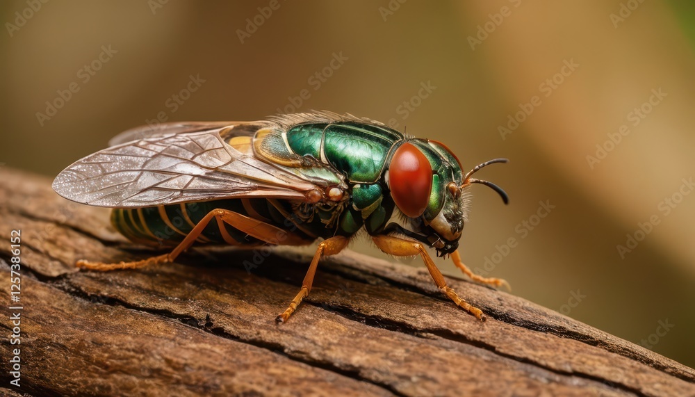 A close-up of a cicada perched on wood, revealing its delicate transparent wings, segmented legs, and striking metallic-green body with golden details A close-up of a cicada perched on wood, revealing its delicate transparent wings, segmented legs, and striking metallic-green body with golden details