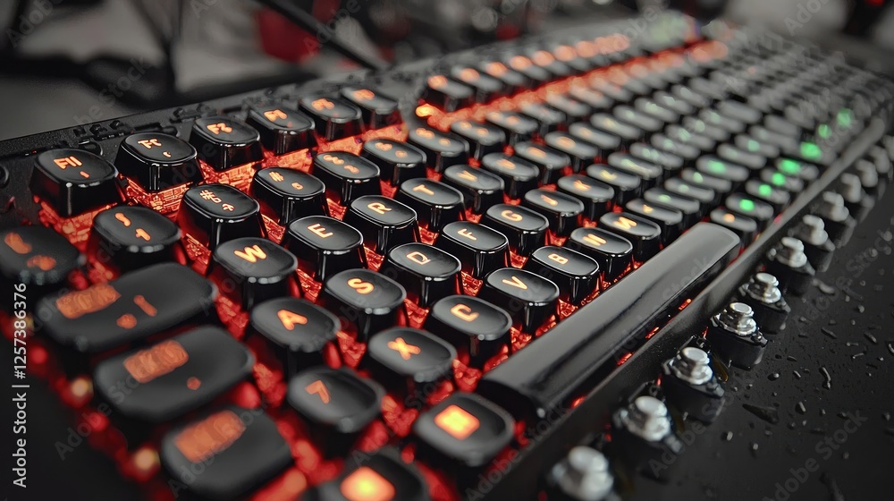 Fototapeta premium Illuminated gaming keyboard, close-up, desk, water drops, background blur