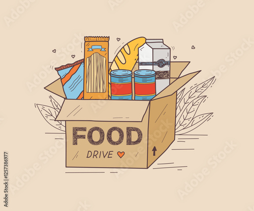 Food drive concept with a box of groceries, including pasta, bread, and canned goods. Doodle style