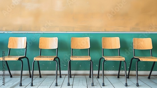 Empty wooden chairs in a row against a vintage classroom wall.  Possible use for stock photo photo